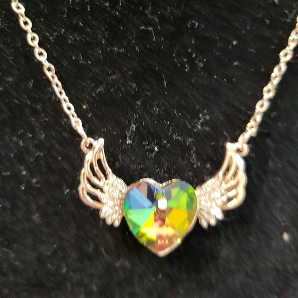 Gold Winged Heart Necklace Rainbow Colors - Picture 6 of 9